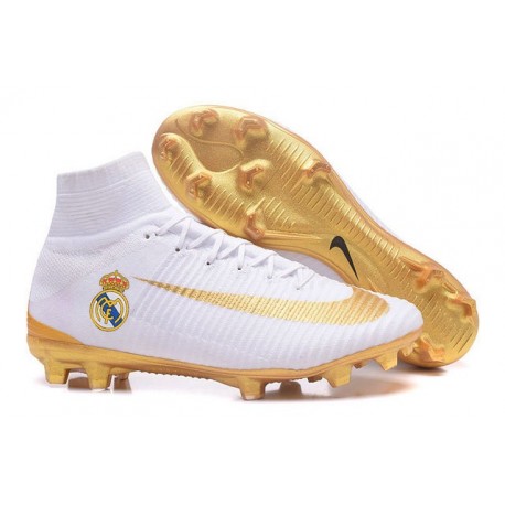 Nuovo Nike Mercurial Superfly 5 FG Scarpe da Calcio Real Madrid Club de Fútbol Bianco Oro